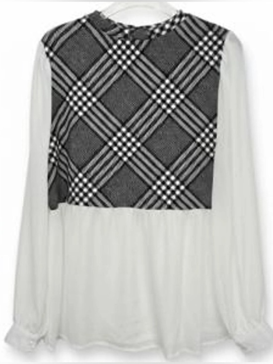 Absolutely Famous Tops - Absolutely Famous Black-and-White Plaid Panel Peplum Blouse